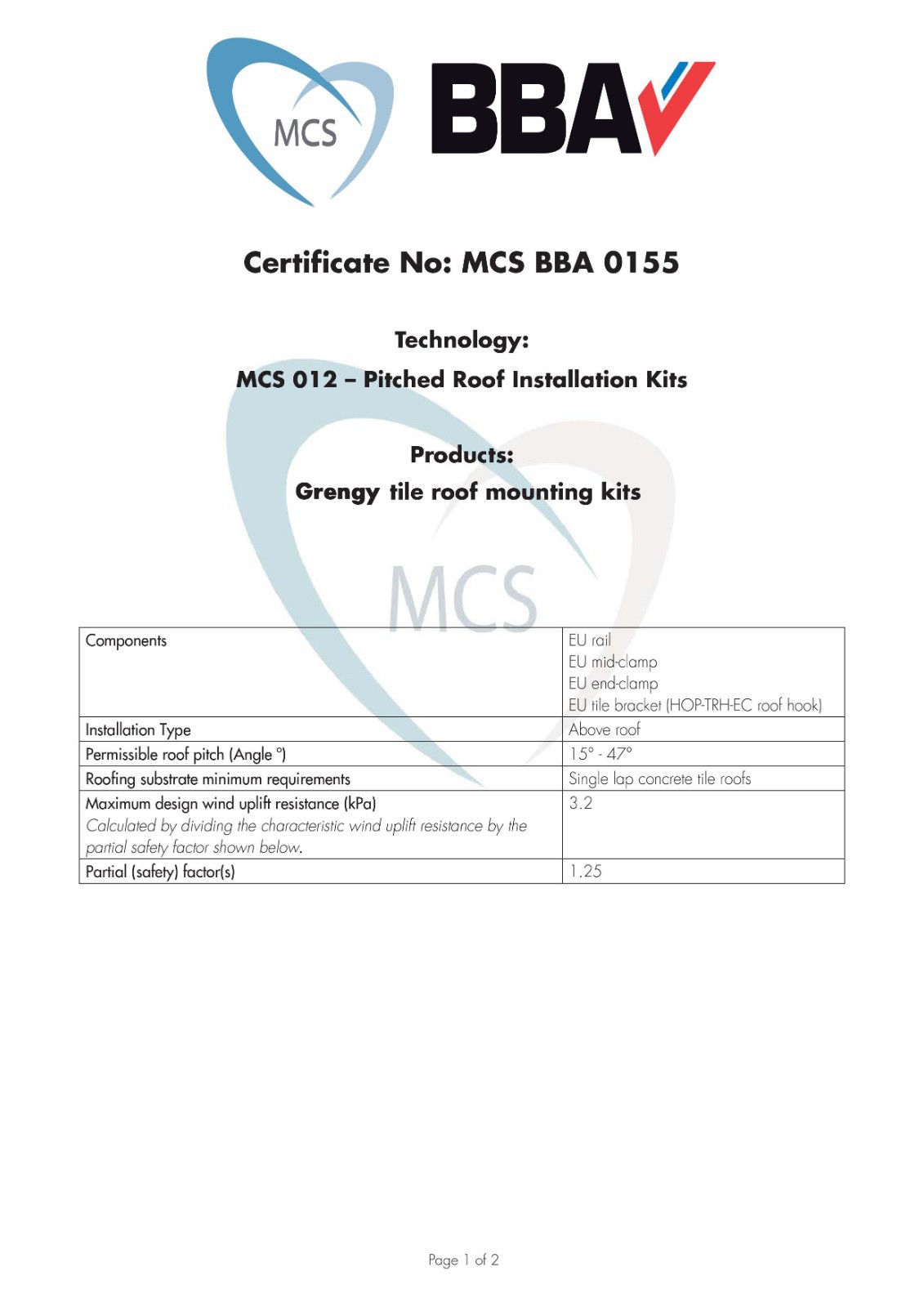 Certificate NO MCS BBA 0155 Page1 of solar panel hook